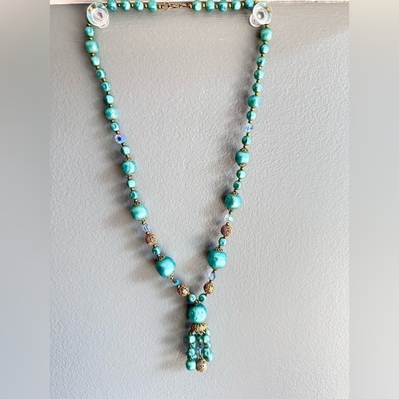 Vintage Necklace AB Crystals Faux Blue Pearls & Gold Beads With Tassel End 5389 - Picture 7 of 11